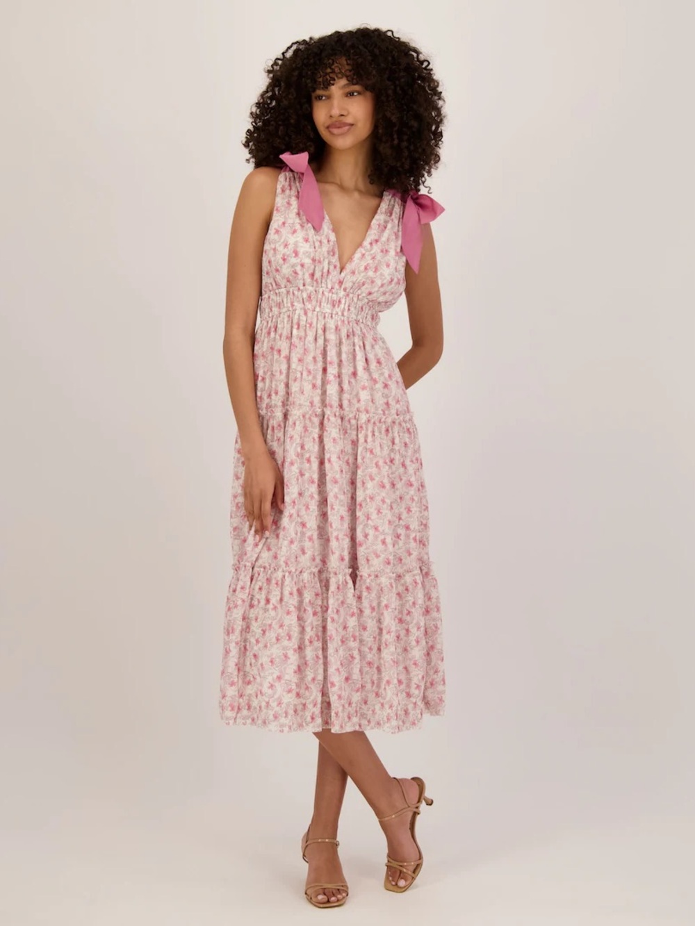 Lulu's Pink Floral Tie-Shoulder V-Neck Midi Dress